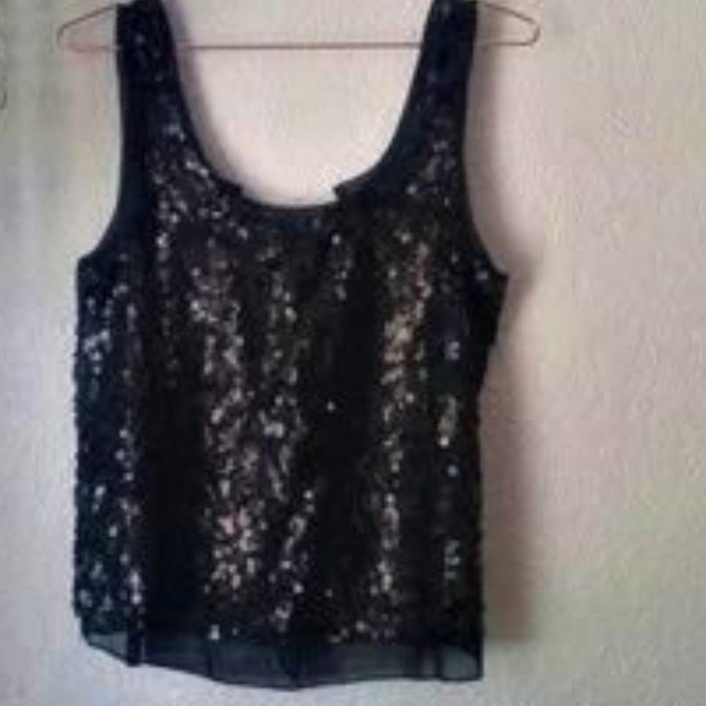 Forever 21 Black Square Sequin Sexy Ties in Back Semi-Transparent Top SZ M